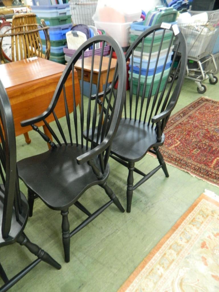 Group of 8 Black Painted Windsor Chairs - 2 Arm - 6 Side - Arm Chairs 41" x 21.5" x 24" - 4