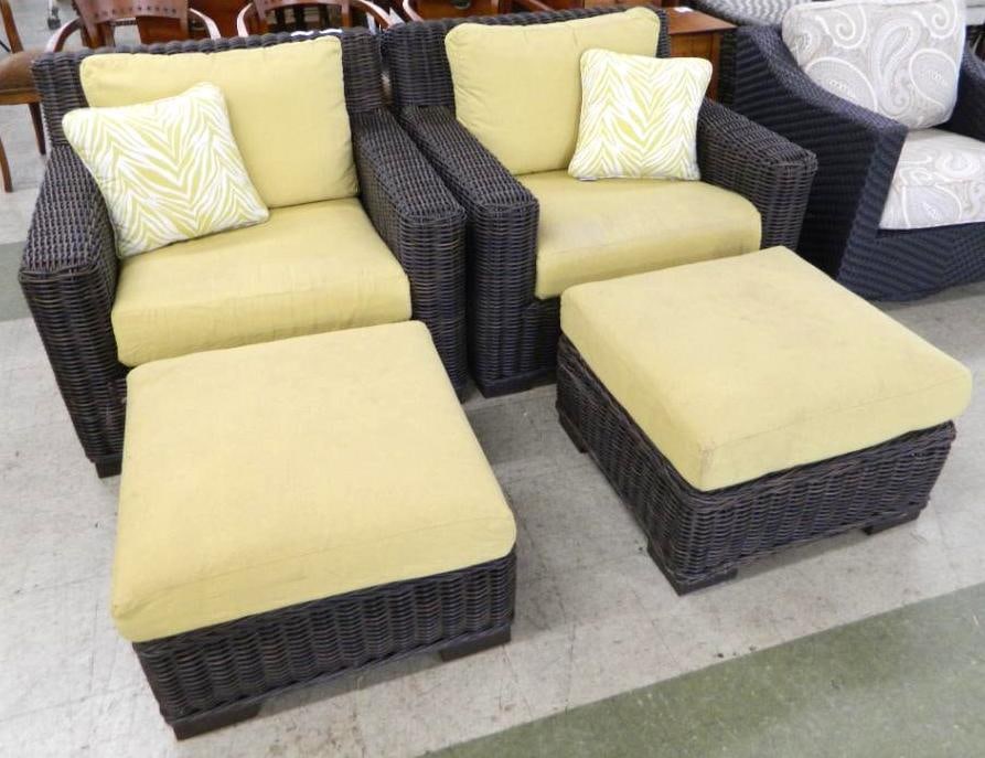 Pair of "Summer Classics" PVC Wicker Chairs and Ottomans - Chair 31" x 38.5" x 40": See Photos For Condition and Details