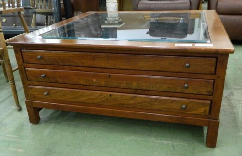 Shadowbox Coffee Table with 2 Drawers - Beveled Glass - 19" x 40" x 40": See Photos For Condition and Details