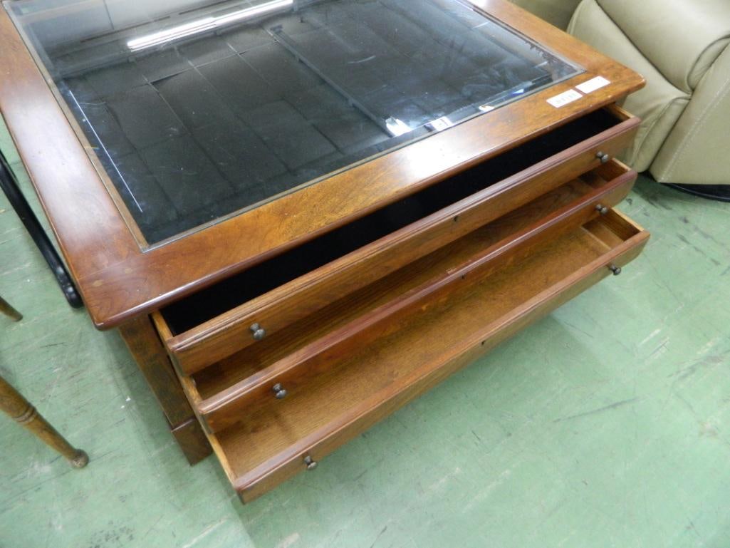 Shadowbox Coffee Table with 2 Drawers - Beveled Glass - 19" x 40" x 40" - 2