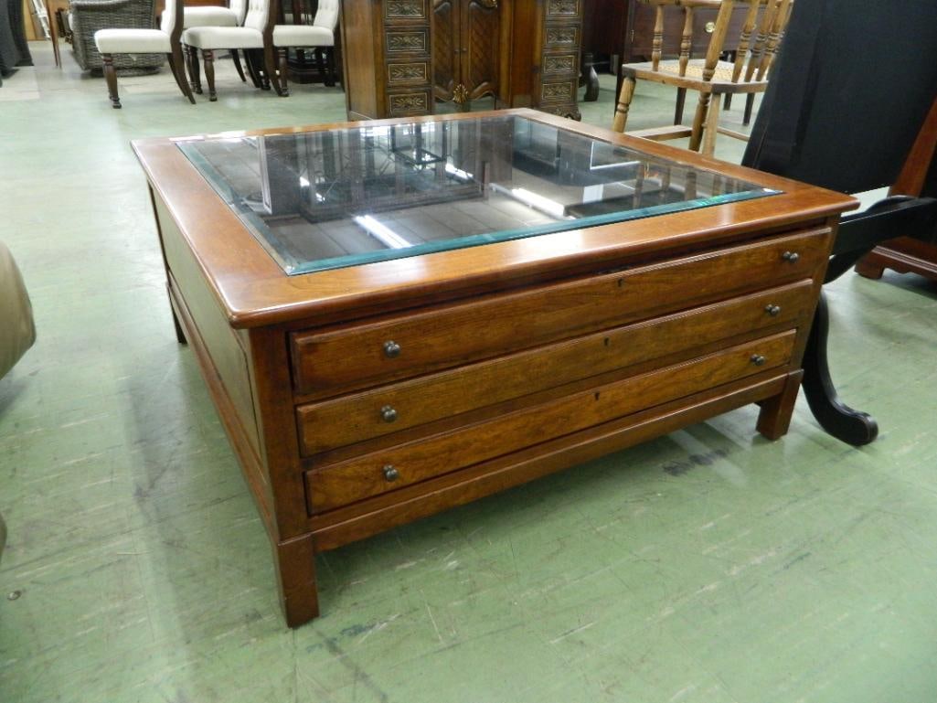 Shadowbox Coffee Table with 2 Drawers - Beveled Glass - 19" x 40" x 40" - 4