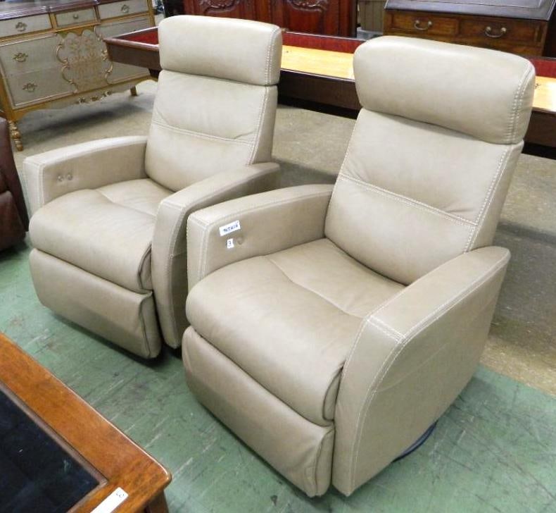 Pair of IMG Norway Beige Leather Reclining Swivel Rockers - Each 39" x 29.5" x 30": Electric - See Photos For Condition and Details