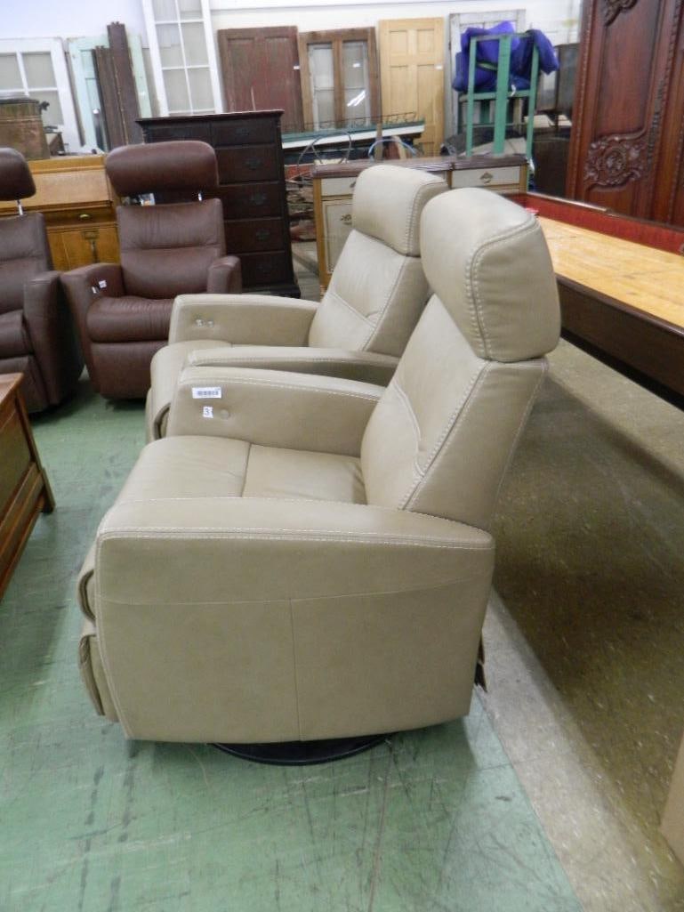 Pair of IMG Norway Beige Leather Reclining Swivel Rockers - Each 39" x 29.5" x 30" - 2