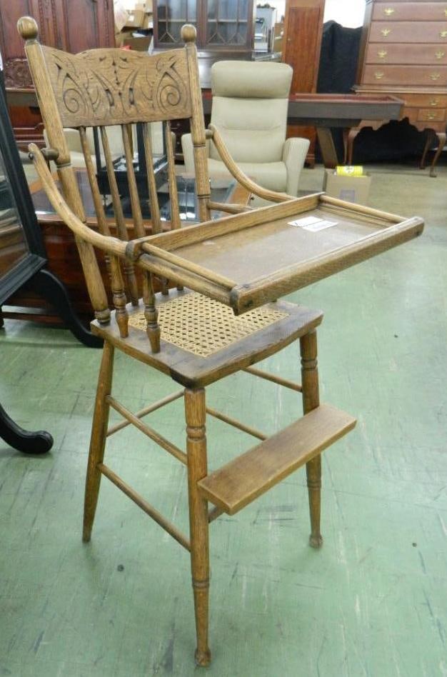 Victorian Oak Highchair with Cane Seat - 42" x 17.5" x 19": See Photos For Condition and Details