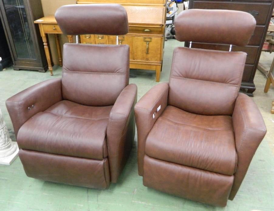 Pair of IMG Norway Dark Brown Leather Reclining Swivel Rockers - Each 39" x 29.5" x 30": Electric - See Photos For Condition and Details