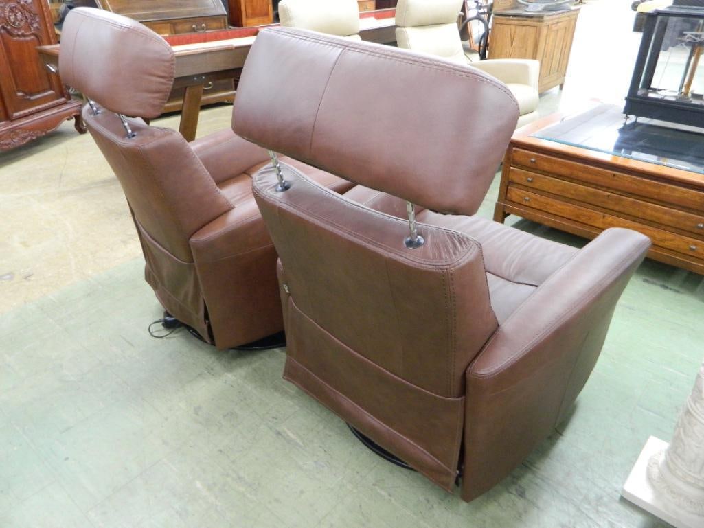 Pair of IMG Norway Dark Brown Leather Reclining Swivel Rockers - Each 39" x 29.5" x 30" - 4