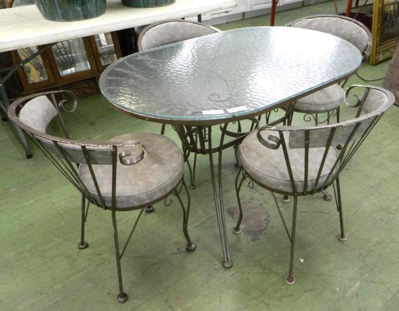 5 Piece Wrought Iron Patio Table Set - Glass Top - Table 29" x 48" x 30": See Photos For Condition and Details