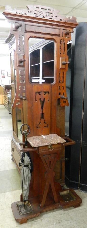 Oak Hall tree with Marble Top - 82.5" x 30.5" x 10.5": See Photos For Condition and Details