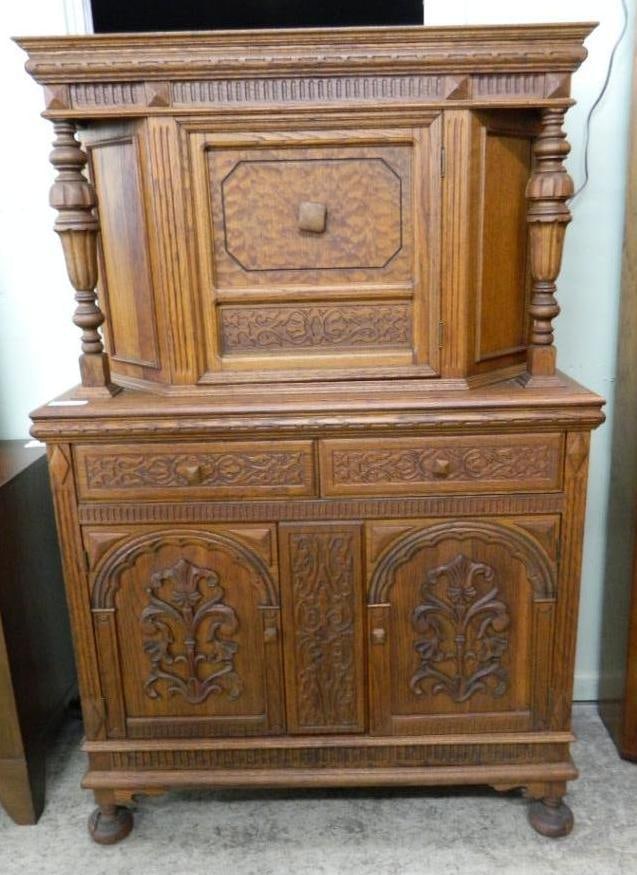 Oak Blind China Cabinet - Heavily Carved - 63.5" x 41.5" x 18" (1 of 6)