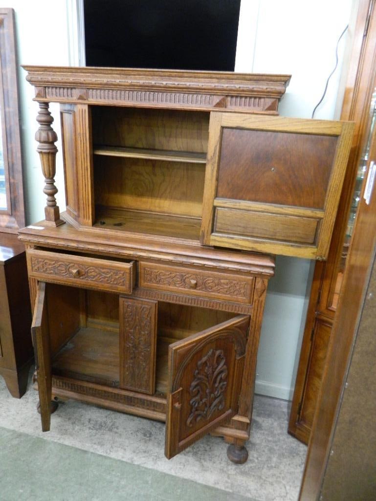 Oak Blind China Cabinet - Heavily Carved - 63.5" x 41.5" x 18" - 2