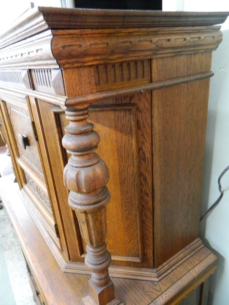 Oak Blind China Cabinet - Heavily Carved - 63.5" x 41.5" x 18" - 3