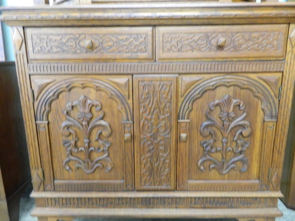Oak Blind China Cabinet - Heavily Carved - 63.5" x 41.5" x 18" - 5