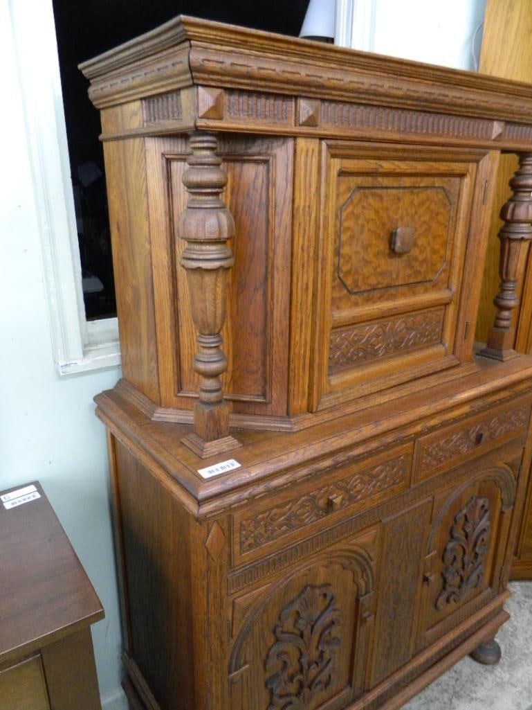 Oak Blind China Cabinet - Heavily Carved - 63.5" x 41.5" x 18" - 6