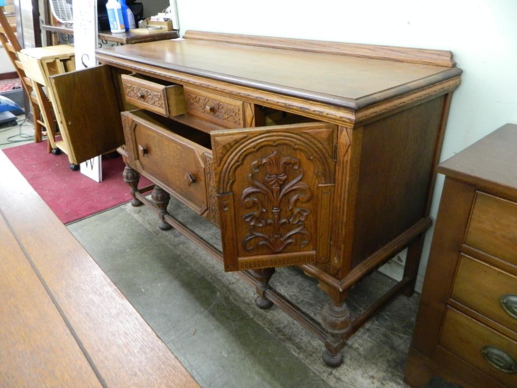 Oak Sideboard - 3 Drawer 2 Door - Heavily Carved - 39" x 69.5" x 22" - 2