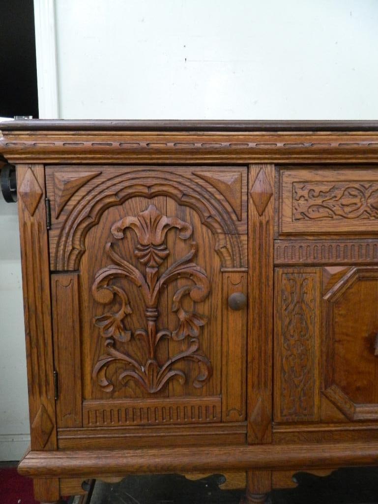 Oak Sideboard - 3 Drawer 2 Door - Heavily Carved - 39" x 69.5" x 22" - 3