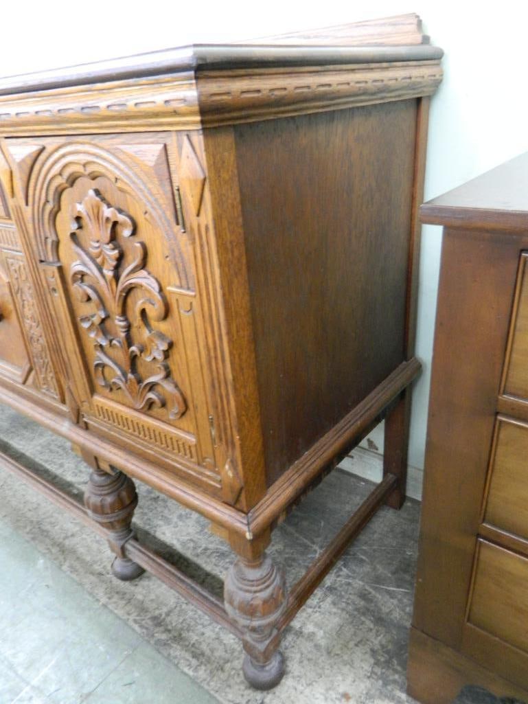 Oak Sideboard - 3 Drawer 2 Door - Heavily Carved - 39" x 69.5" x 22" - 6