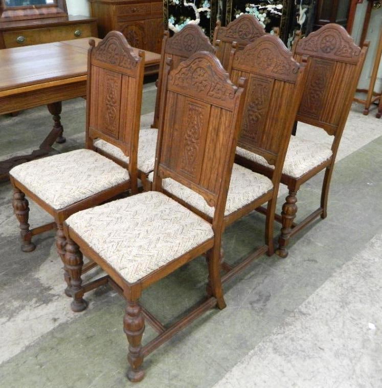 Group of 6 Upholstered Dining Chairs - 1 Arm - 5 Side - Carved Backs - Each 41" x 18" x 19": See Photos For Condition and Details