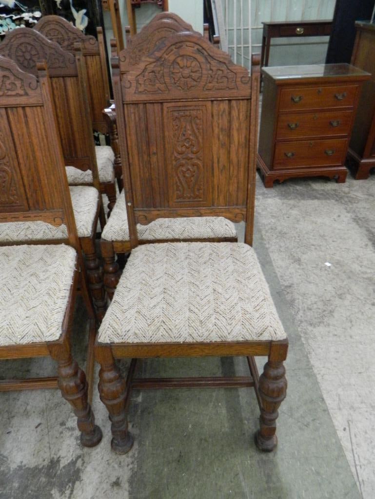 Group of 6 Upholstered Dining Chairs - 1 Arm - 5 Side - Carved Backs - Each 41" x 18" x 19" - 2
