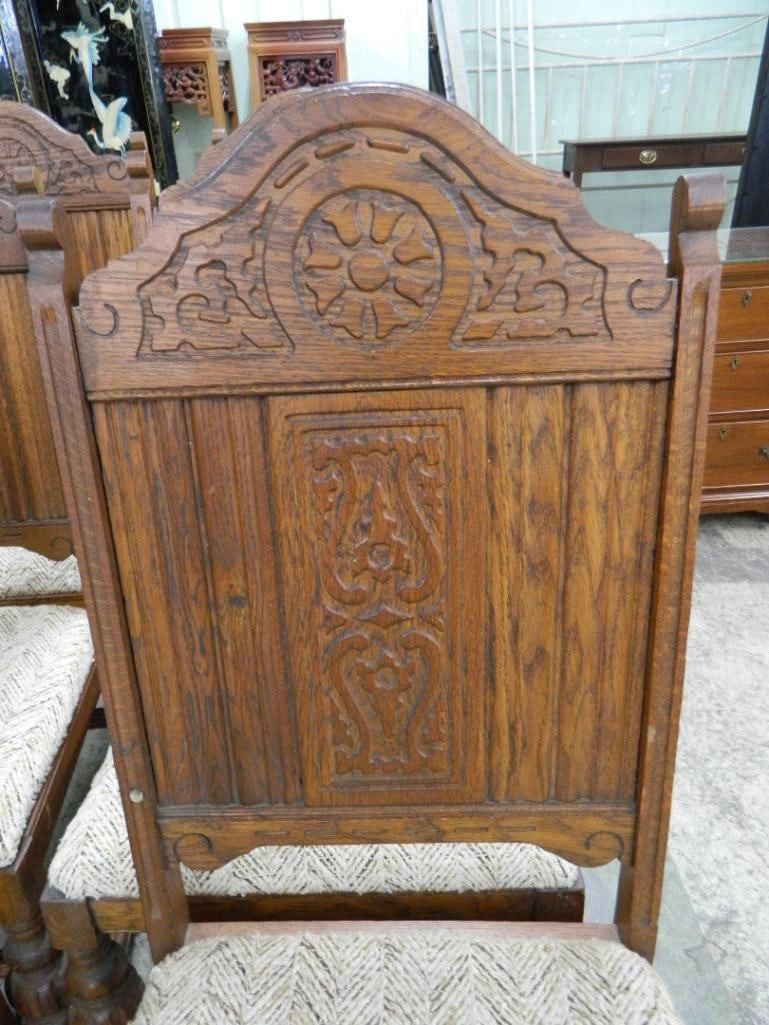 Group of 6 Upholstered Dining Chairs - 1 Arm - 5 Side - Carved Backs - Each 41" x 18" x 19" - 3