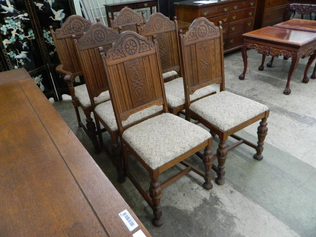 Group of 6 Upholstered Dining Chairs - 1 Arm - 5 Side - Carved Backs - Each 41" x 18" x 19" - 4