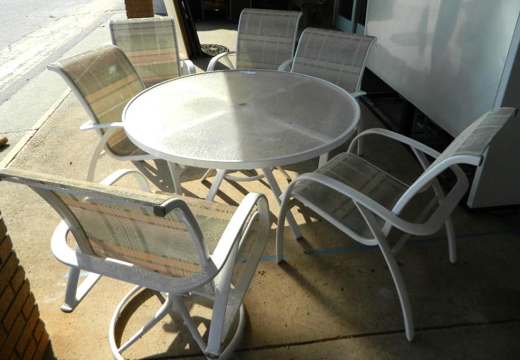 6 Piece Glass Top Table Patio Set - 2 Swivel Chairs - Table 27" x 48": See Photos For Condition and Details
