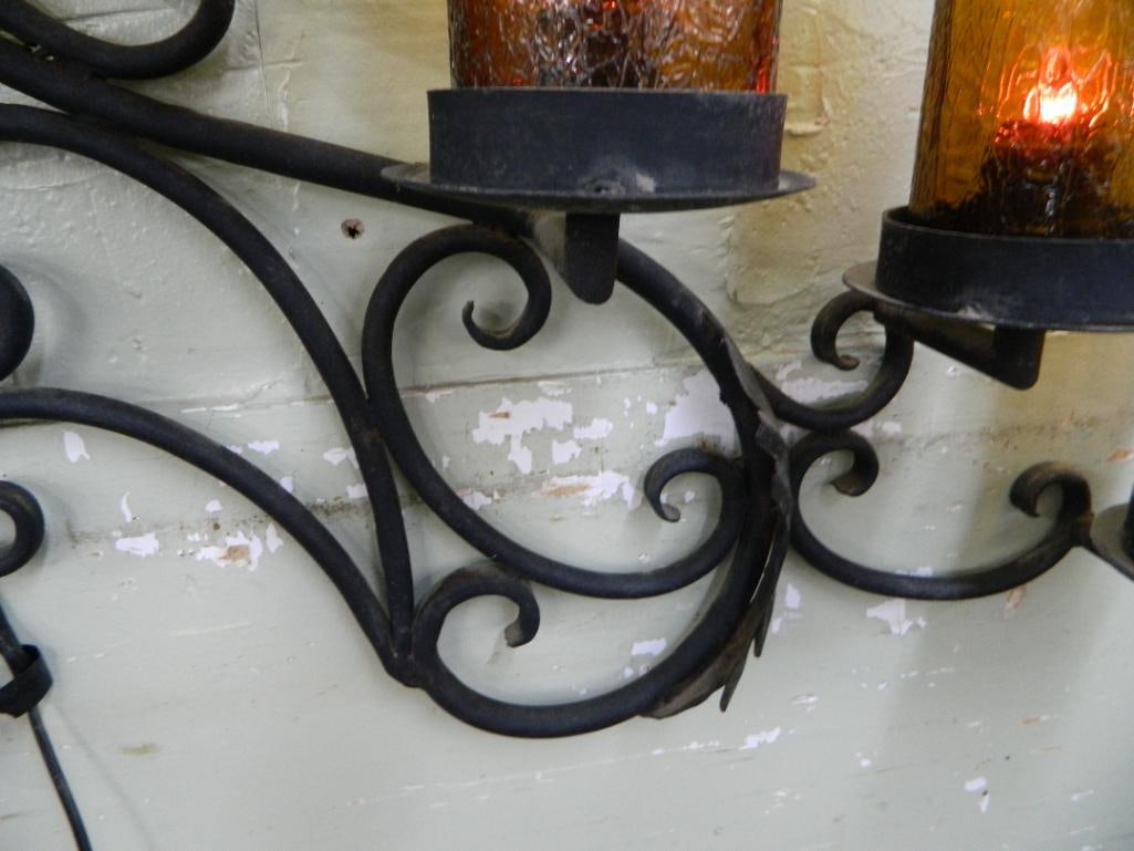 Large Wrought Iron Wall Light Fixture - Crackle Glass Shades - 37" x 51.5" x 7" - 10
