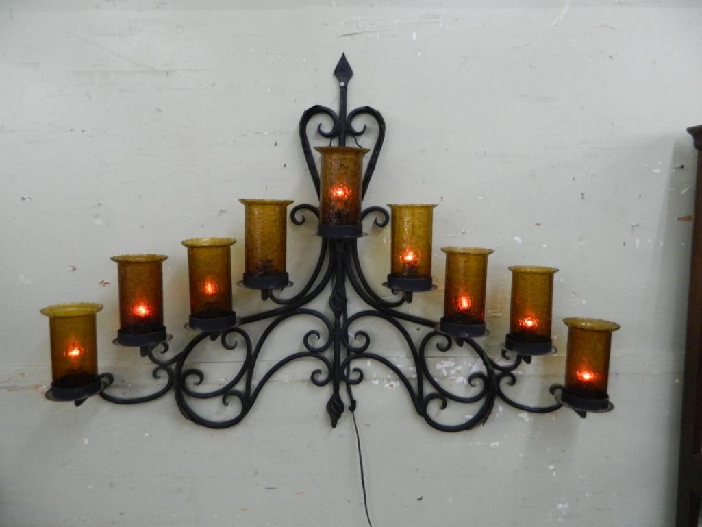 Large Wrought Iron Wall Light Fixture - Crackle Glass Shades - 37" x 51.5" x 7" - 11