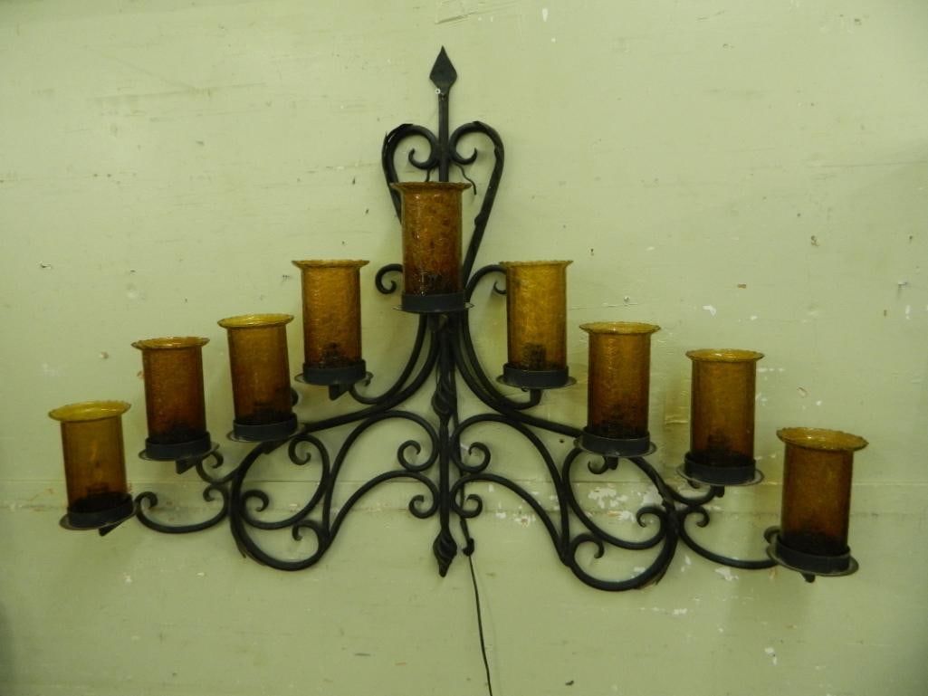 Large Wrought Iron Wall Light Fixture - Crackle Glass Shades - 37" x 51.5" x 7" - 12
