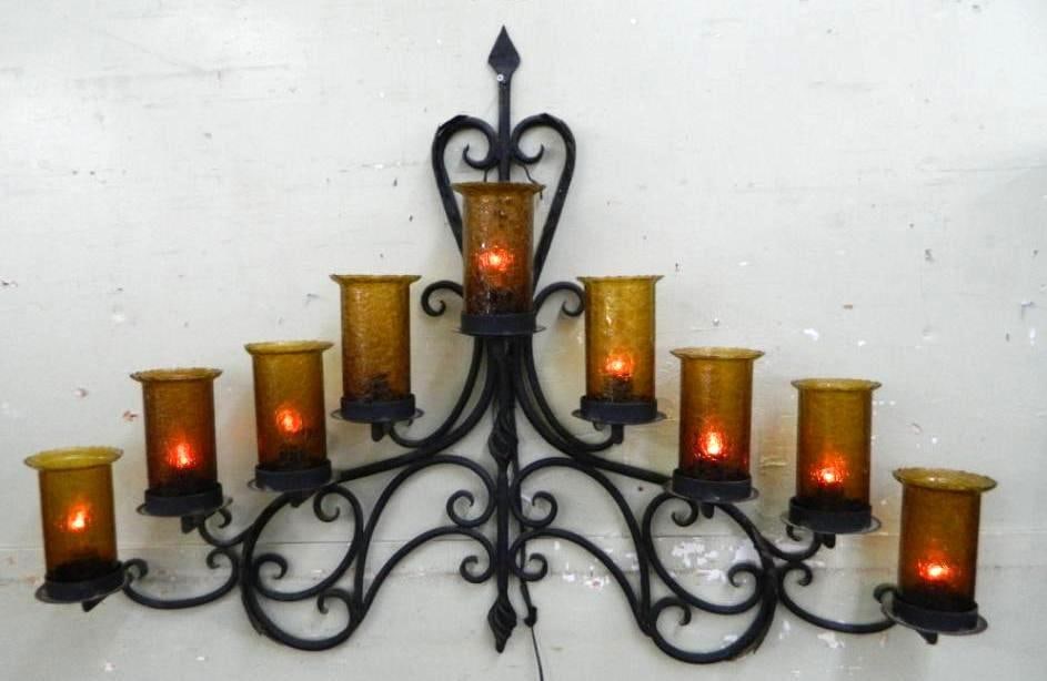 Large Wrought Iron Wall Light Fixture - Crackle Glass Shades - 37" x 51.5" x 7": 1 Shade Has Crack In It - See Photos For Condition and Details