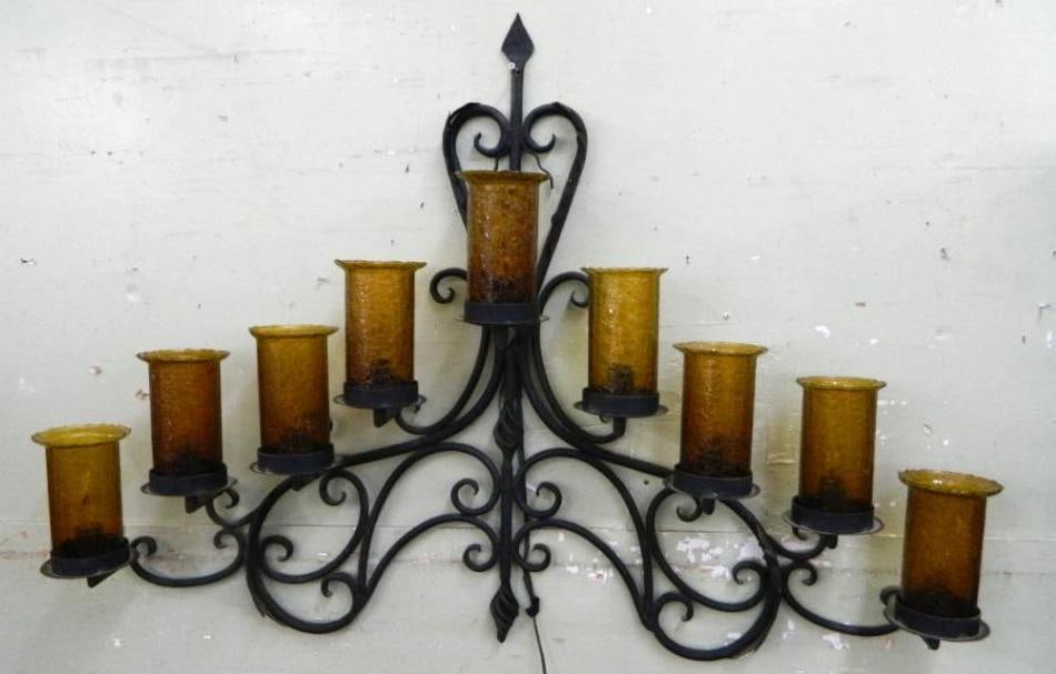 Large Wrought Iron Wall Light Fixture - Crackle Glass Shades - 37" x 51.5" x 7" - 2