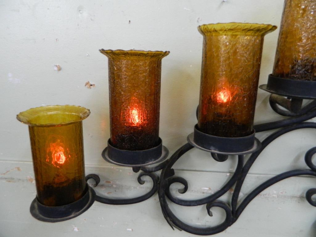 Large Wrought Iron Wall Light Fixture - Crackle Glass Shades - 37" x 51.5" x 7" - 3