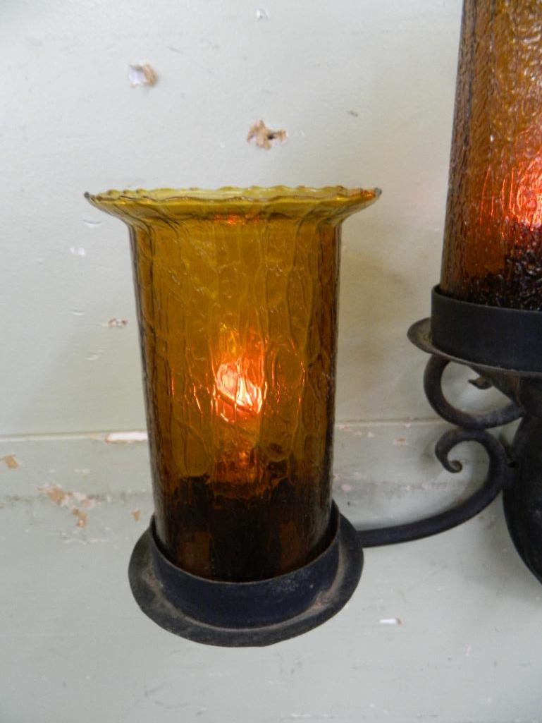Large Wrought Iron Wall Light Fixture - Crackle Glass Shades - 37" x 51.5" x 7" - 4