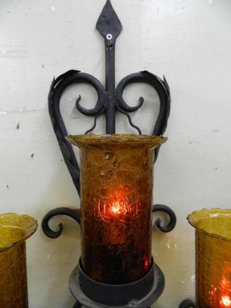 Large Wrought Iron Wall Light Fixture - Crackle Glass Shades - 37" x 51.5" x 7" - 7