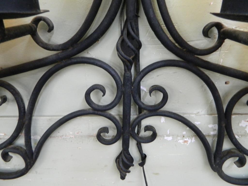 Large Wrought Iron Wall Light Fixture - Crackle Glass Shades - 37" x 51.5" x 7" - 8