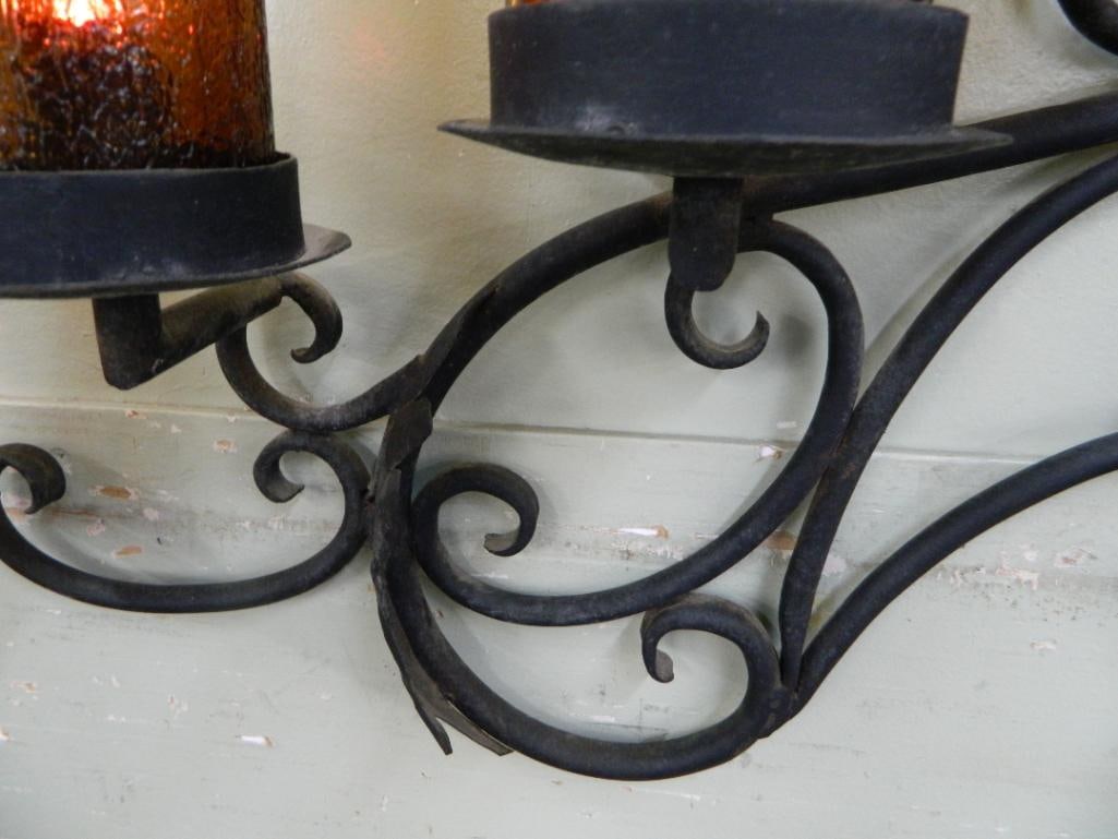 Large Wrought Iron Wall Light Fixture - Crackle Glass Shades - 37" x 51.5" x 7" - 9