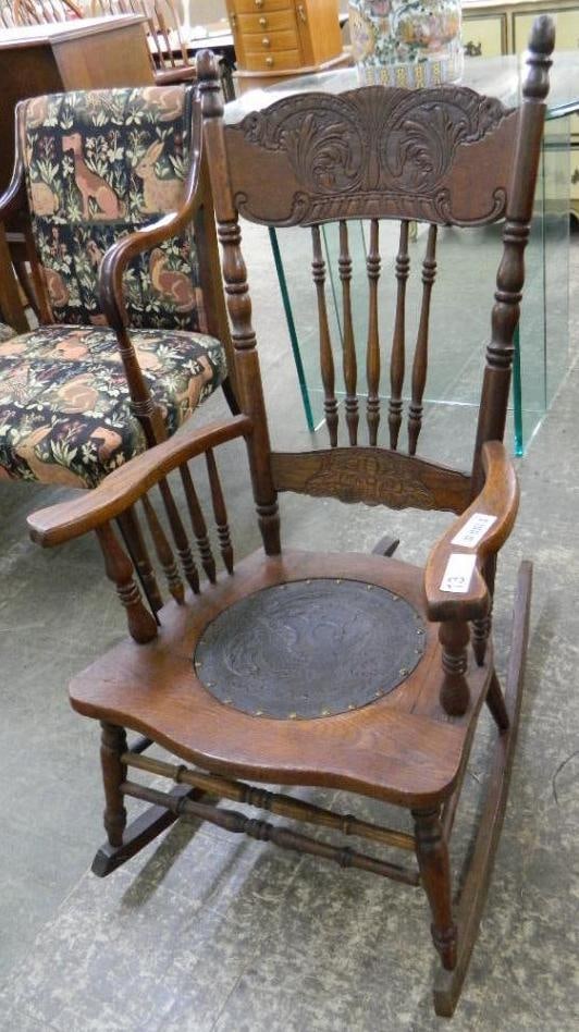 Pressed Back Rocker with Leather Seat - 39" x 22" x 32": See Photos For Condition and Details