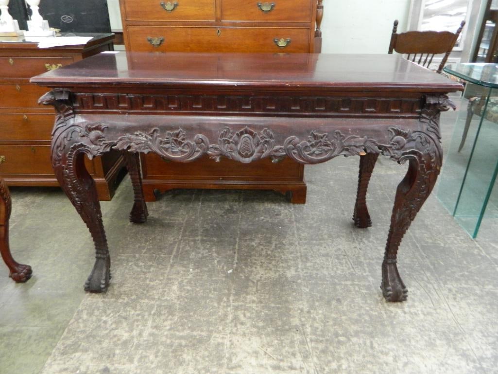 Heavily Carved Mahogany Library Table - 35.5" x 53" x 25" - 2