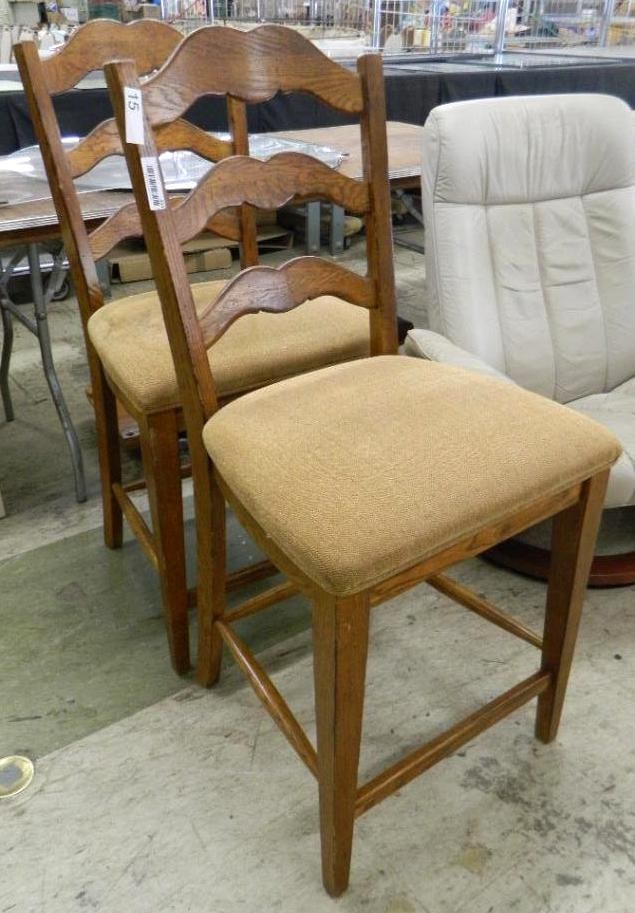 Pair of Modern Ladder Back Upholstered Counter Height Stools - Each 44" x 21" x 23": See Photos For Condition and Details