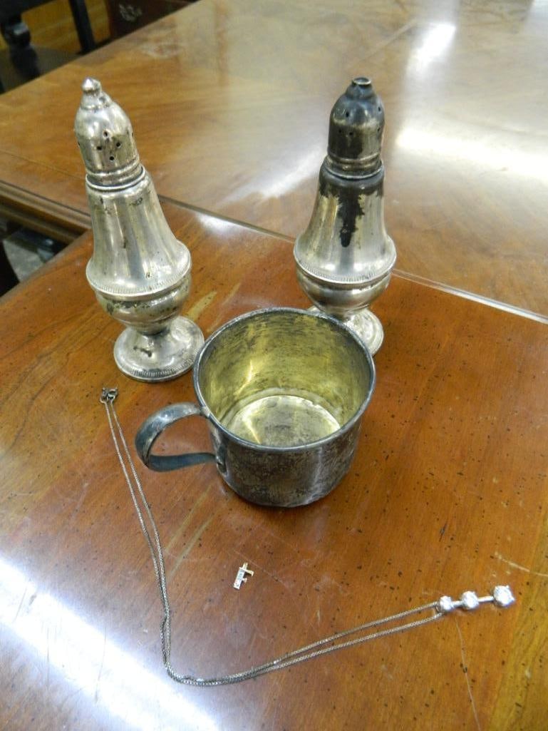 Sterling Silver - Weighted Salt and Pepper Shakers - 45 Grams Childs Cup - .27 Grams Gold - 10
