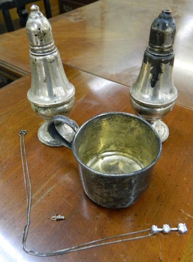 Sterling Silver - Weighted Salt and Pepper Shakers - 45 Grams Childs Cup - .27 Grams Gold: Pendant Necklace - See Photos For Condition and Details