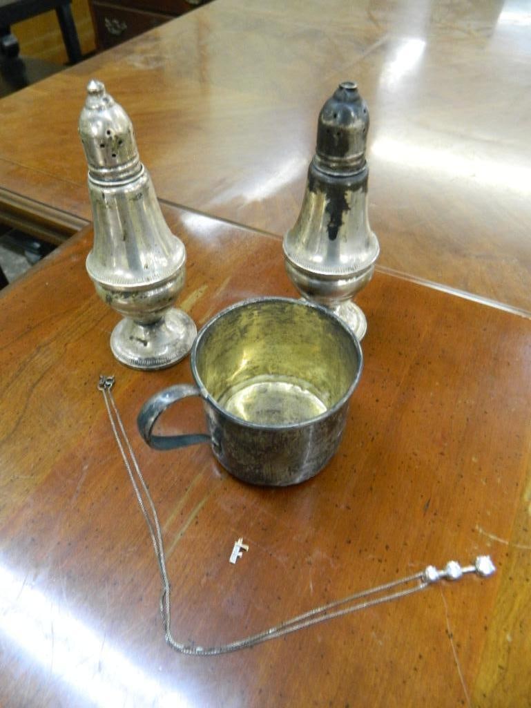 Sterling Silver - Weighted Salt and Pepper Shakers - 45 Grams Childs Cup - .27 Grams Gold - 9