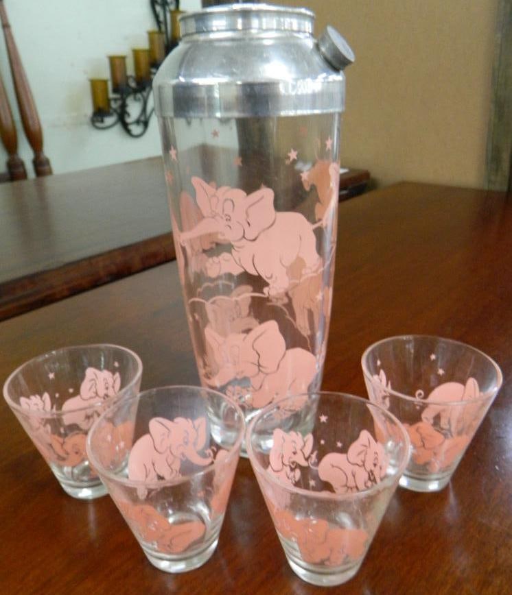 Vintage Cocktail Shaker with 4 Glasses - "Pink Elephant": See Photos For Condition and Details