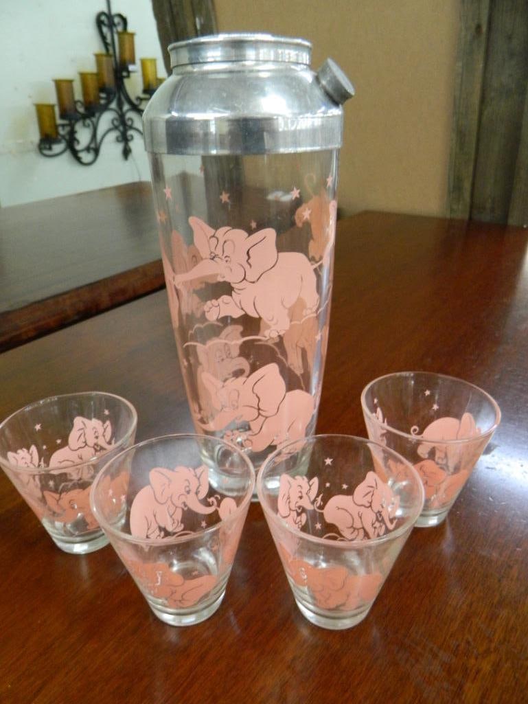 Vintage Cocktail Shaker with 4 Glasses - "Pink Elephant" - 8