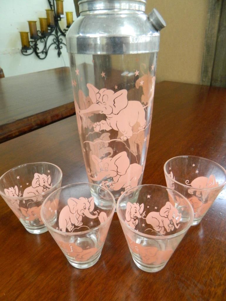 Vintage Cocktail Shaker with 4 Glasses - "Pink Elephant" - 9