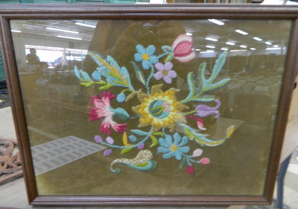 Framed Crewel Work - Floral - 16"x 21": See Photos For Condition and Details