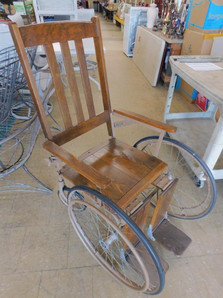 Vintage Wood and Metal Wheel Chair with Spoked Wheels - 48" x 27" x 37" - 10