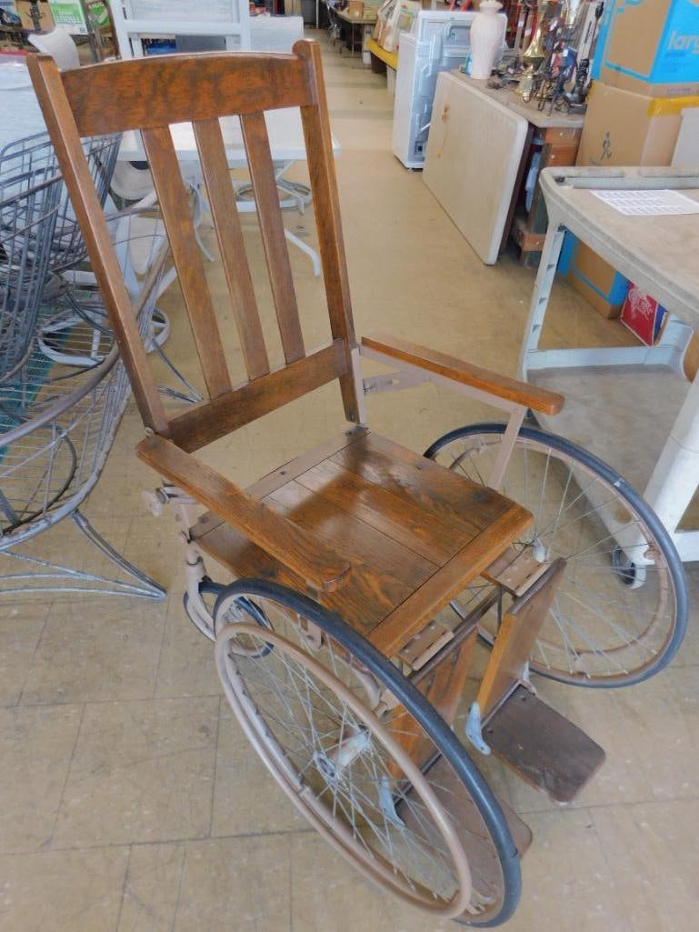 Vintage Wood and Metal Wheel Chair with Spoked Wheels - 48" x 27" x 37" - 11