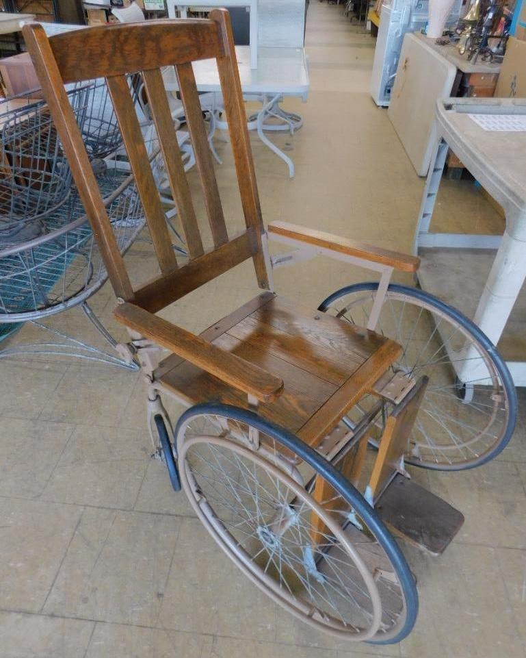 Vintage Wood and Metal Wheel Chair with Spoked Wheels - 48" x 27" x 37": See Photos For Condition and Details