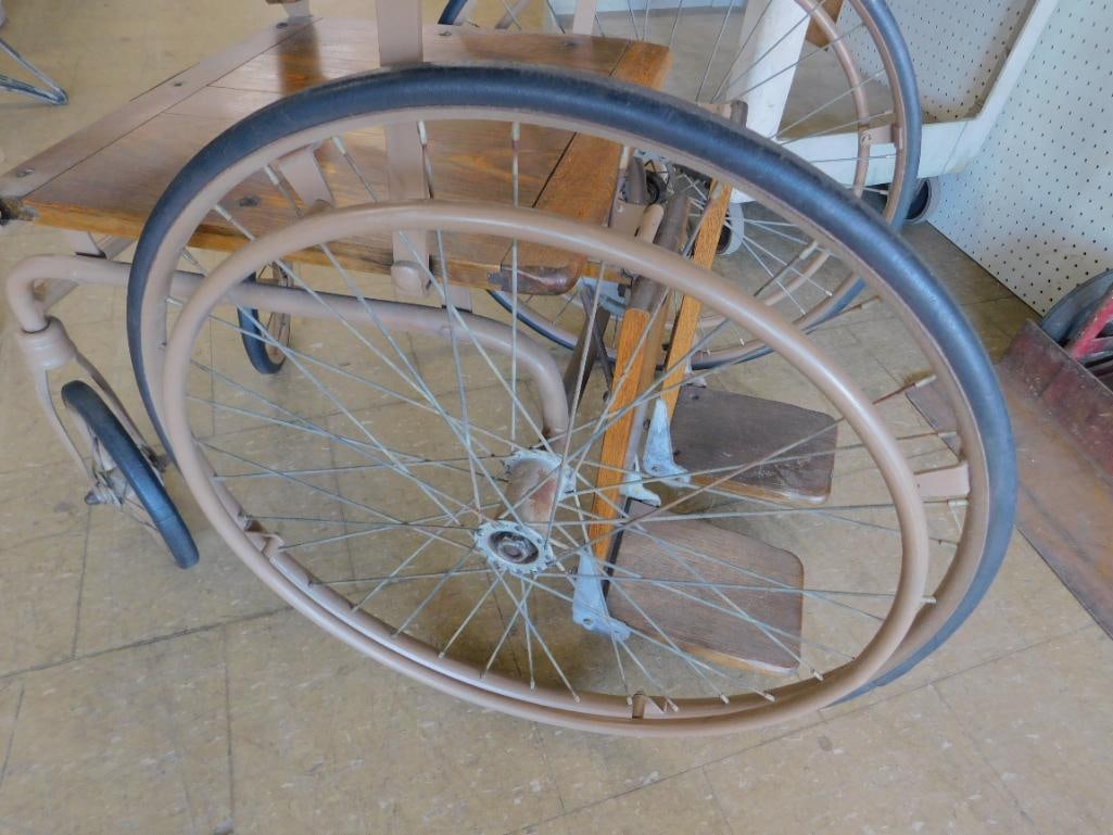 Vintage Wood and Metal Wheel Chair with Spoked Wheels - 48" x 27" x 37" - 5