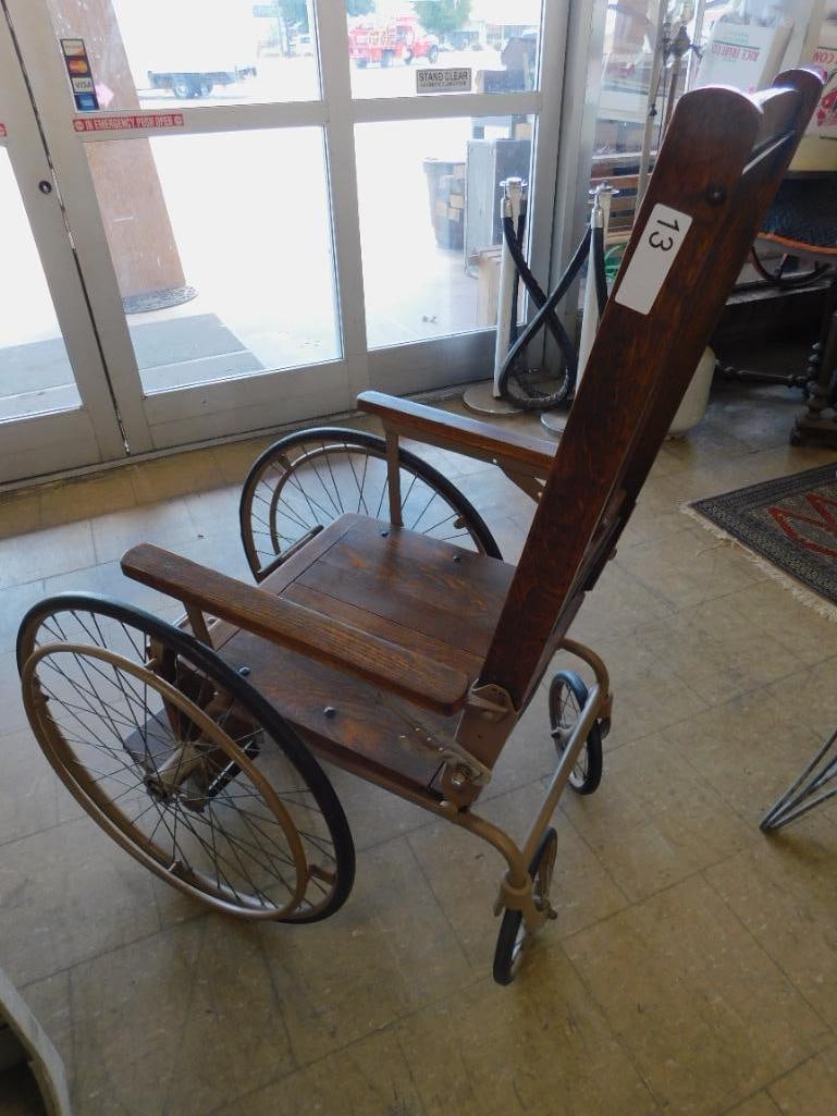 Vintage Wood and Metal Wheel Chair with Spoked Wheels - 48" x 27" x 37" - 9